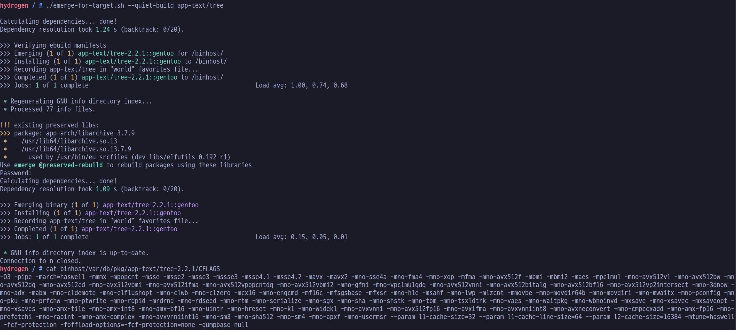 ./emerge-for-target.sh, triggering two emerge runs (one on the host for the
binhost and one on the target), followed by a command that prints the binhost&#39;s
CFLAGS