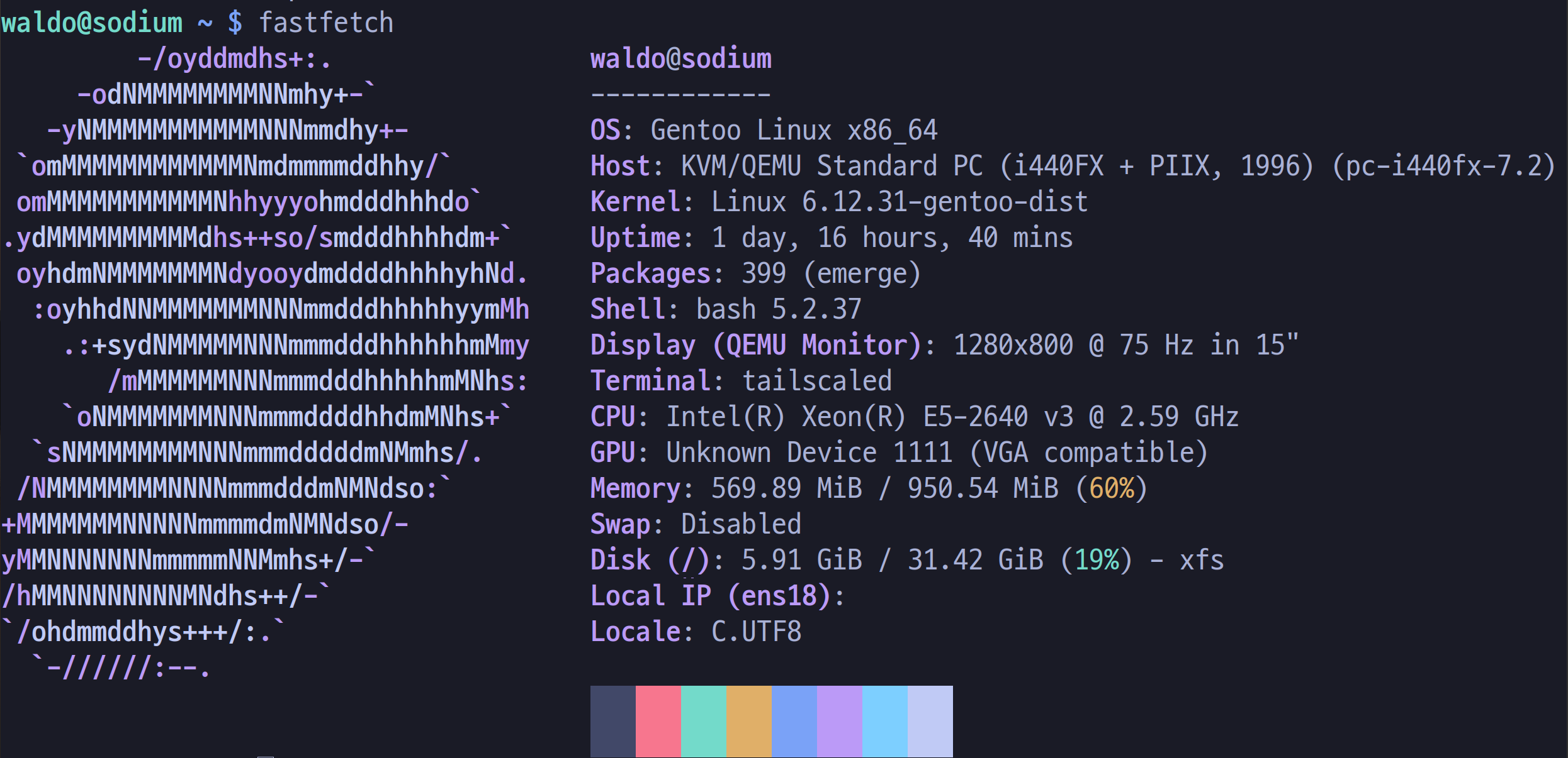 fastfetch output: OS: Gentoo, Host: KVM, Memory: 1 GiB, Disk: 5.91
GiB